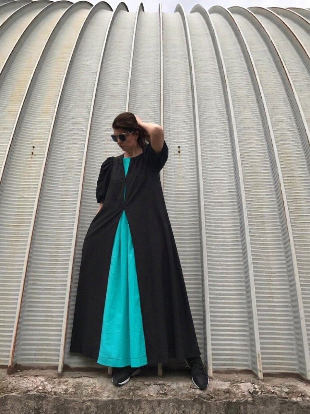 Doroteyya Tsarska Black Teal Linen Maxi Dress Side Pockets Size XL